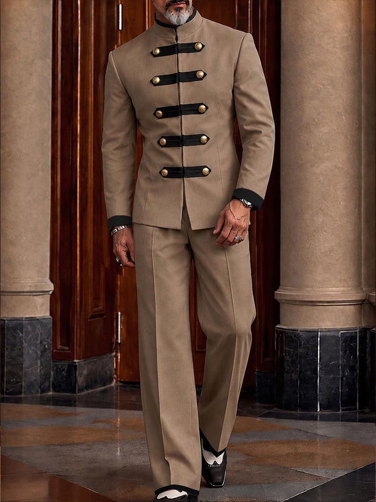 Military Style Mandarin Collar Zip Jacket Set - Khaki