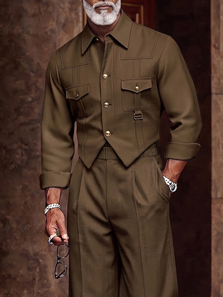 Utility Safari Style Cropped Jacket Pants Set - Brown