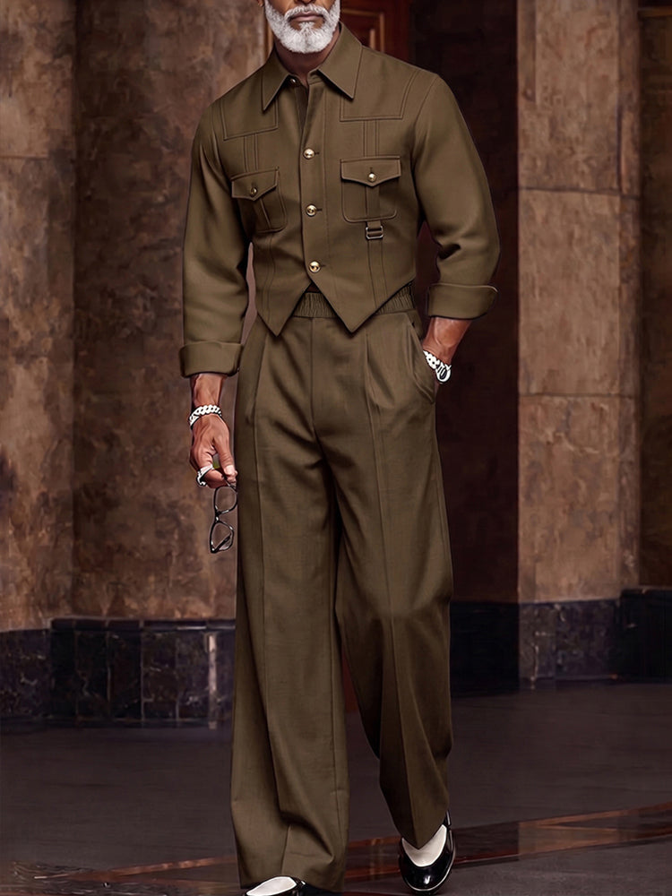 Utility Safari Style Cropped Jacket Pants Set - Brown