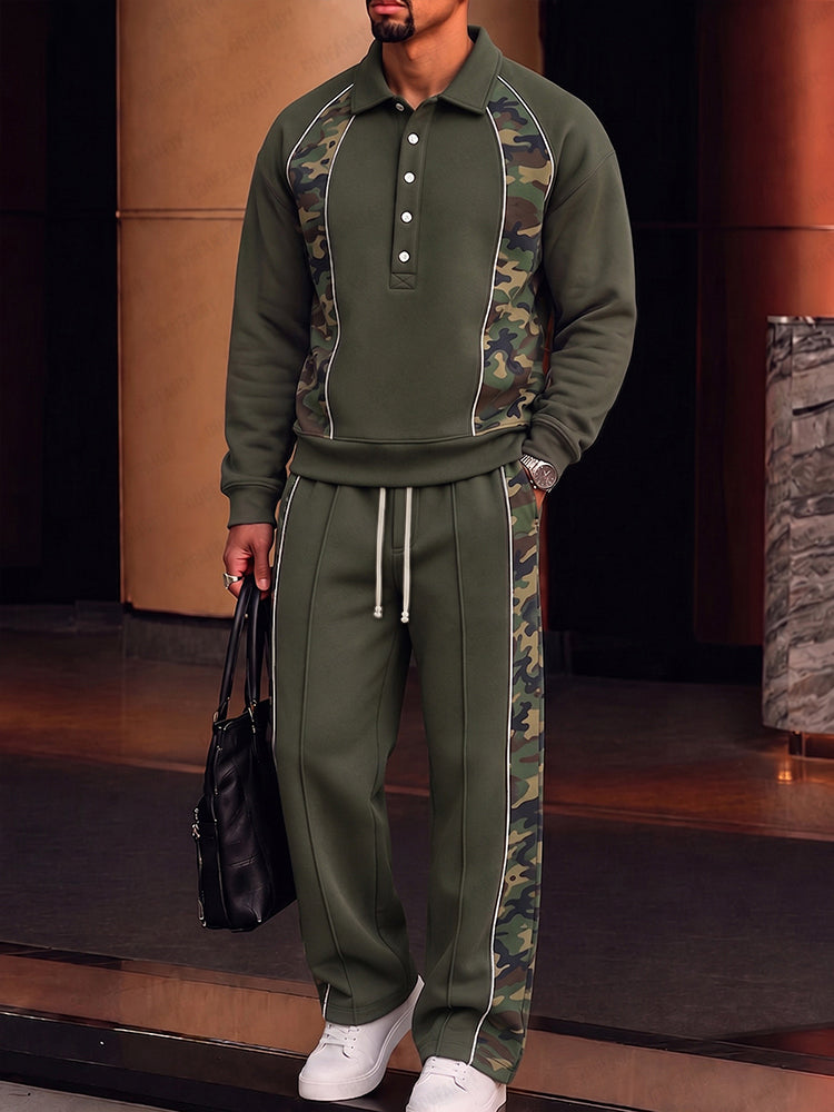 Trendy Camo Patchwork Sweatshirt Pants Set - Army Green
