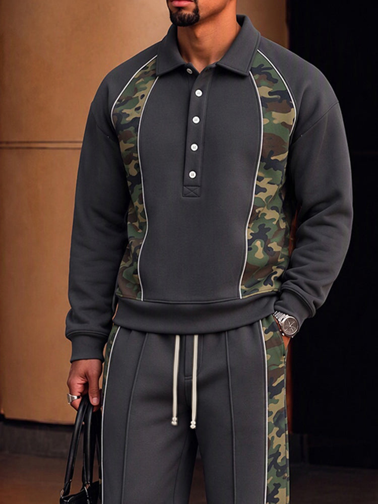 Trendy Camo Patchwork Sweatshirt Pants Set