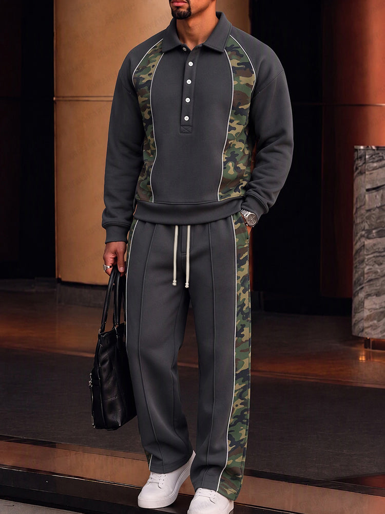 Trendy Camo Patchwork Sweatshirt Pants Set - Dark Gray