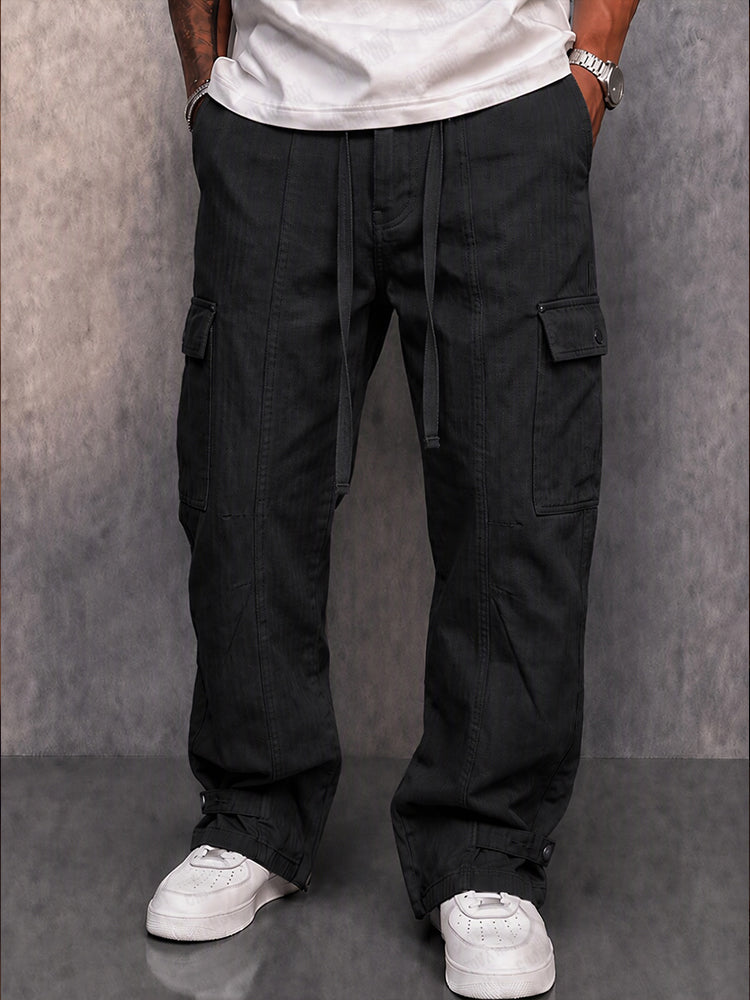 Casual Multi-Pocket Straight Cargo Pants - Black