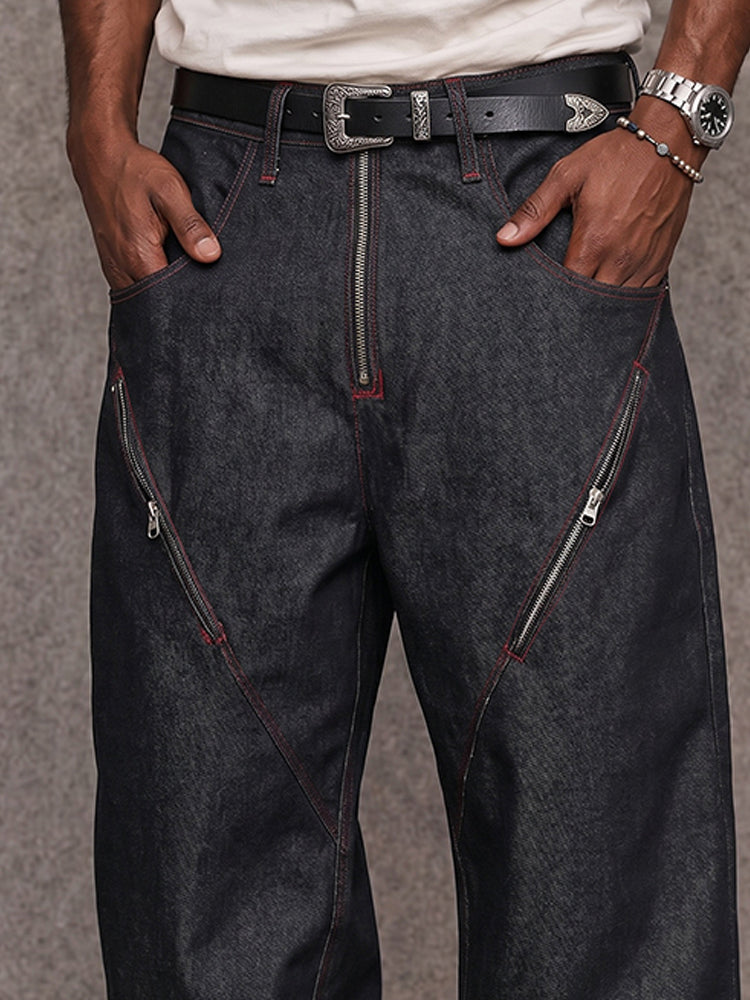 Urban Streetwear Contrast Stitch Jeans with Zip Detail - Dark Blue