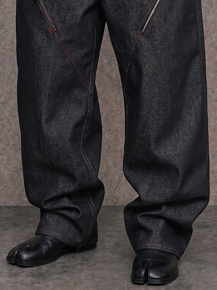 Urban Streetwear Contrast Stitch Jeans with Zip Detail - Dark Blue