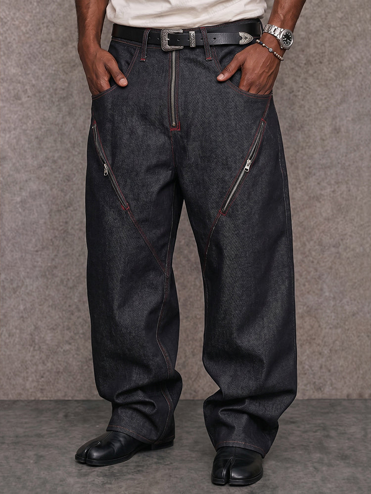 Urban Streetwear Contrast Stitch Jeans with Zip Detail - Dark Blue