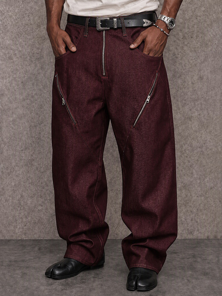Urban Streetwear Contrast Stitch Jeans with Zip Detail - Wine Red