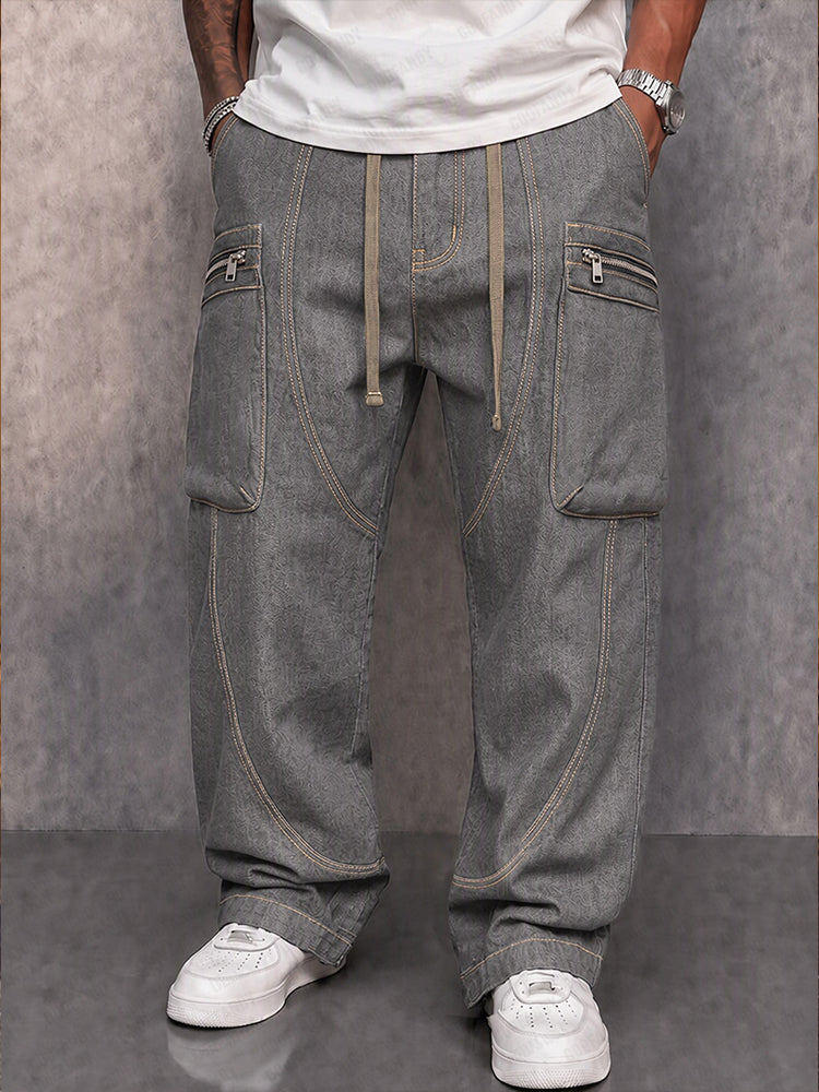 Casual Relaxed Fit Zip Pocket Cargo Jeans - Gray
