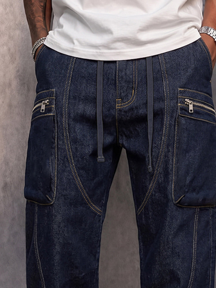 Casual Relaxed Fit Zip Pocket Cargo Jeans - Dark Blue