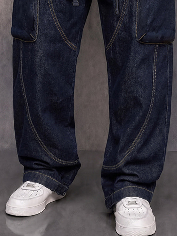Casual Relaxed Fit Zip Pocket Cargo Jeans - Dark Blue