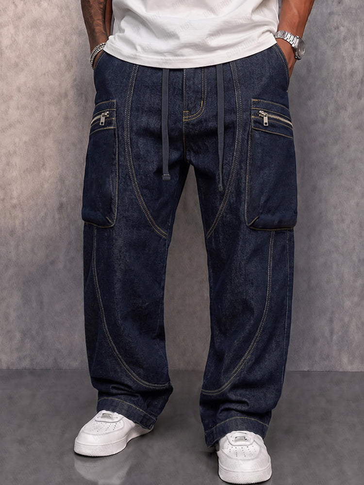 Casual Relaxed Fit Zip Pocket Cargo Jeans - Dark Blue