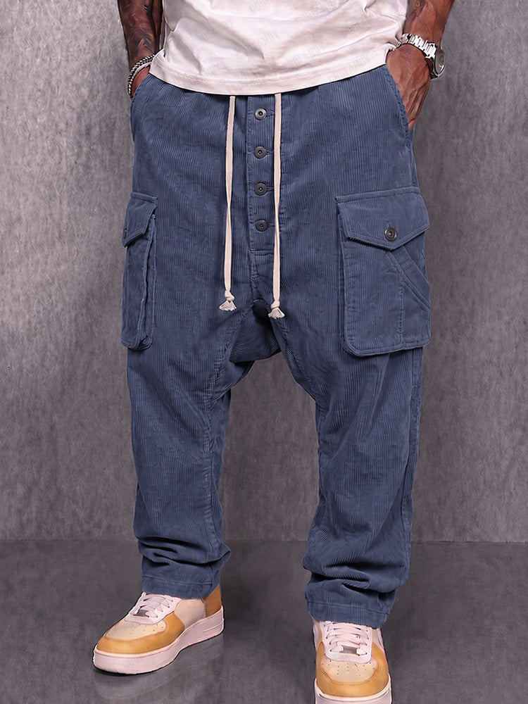 Casual Drop Crotch Corduroy Cargo Pants - Blue