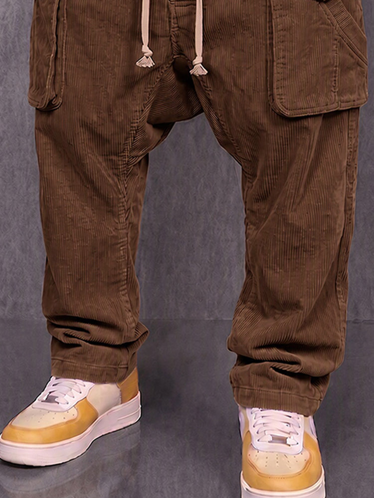 Casual Drop Crotch Corduroy Cargo Pants - Brown