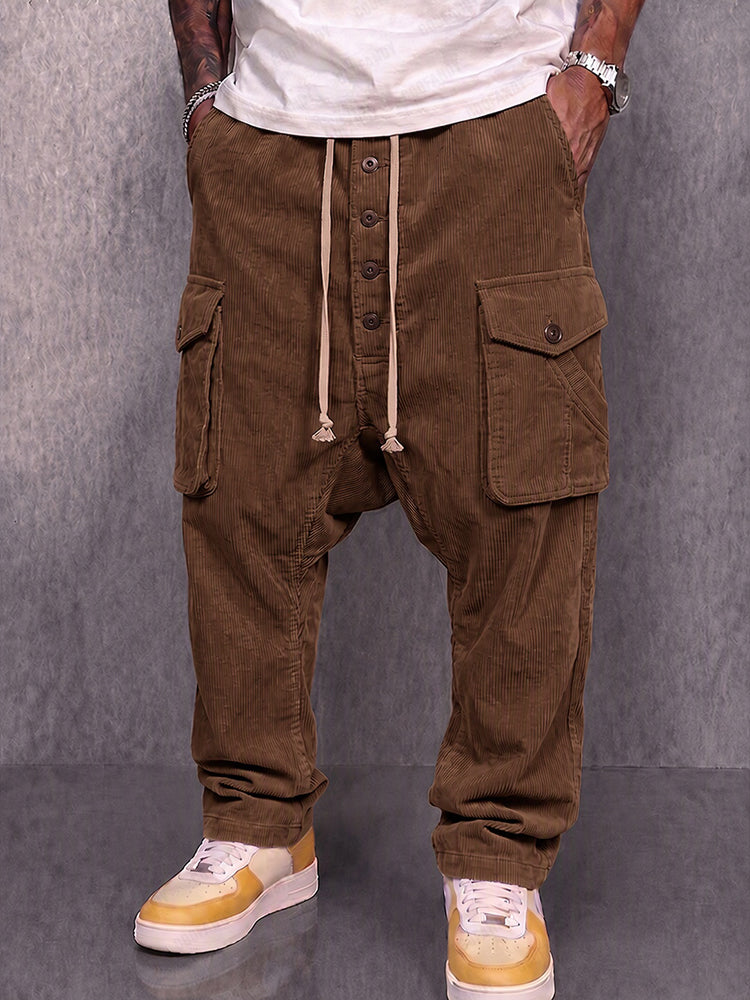 Casual Drop Crotch Corduroy Cargo Pants - Brown