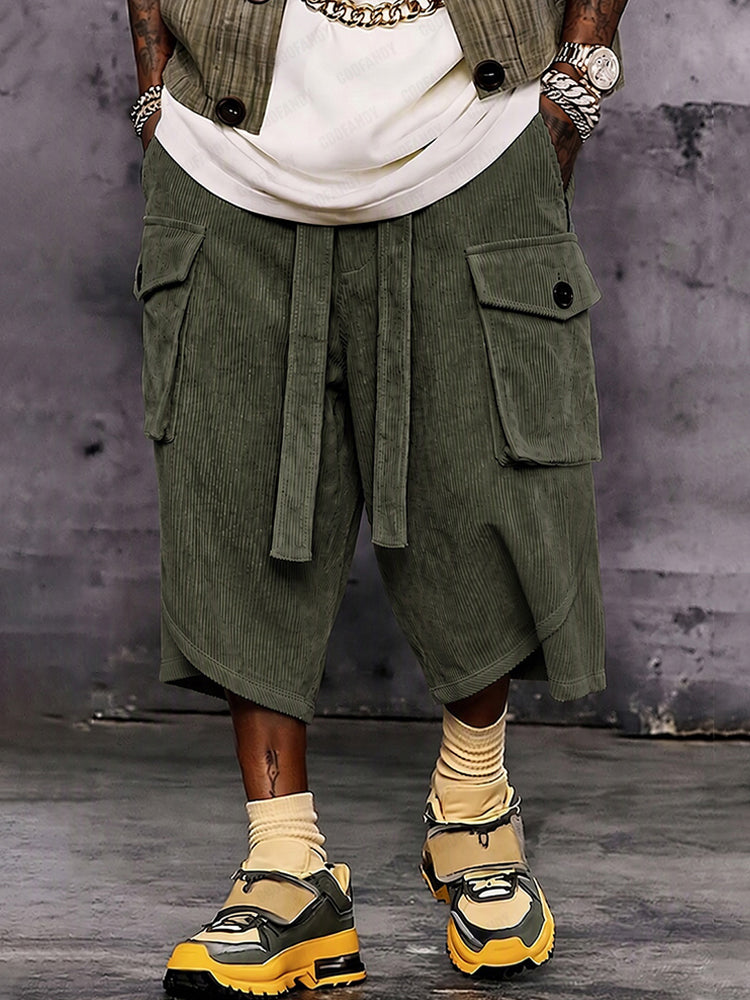 Casual Relaxed Fit Corduroy Cropped Cargo Pants - Army Green