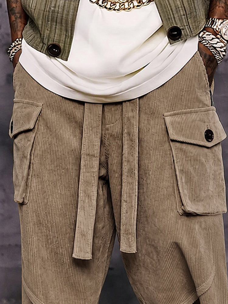 Casual Relaxed Fit Corduroy Cropped Cargo Pants - Khaki