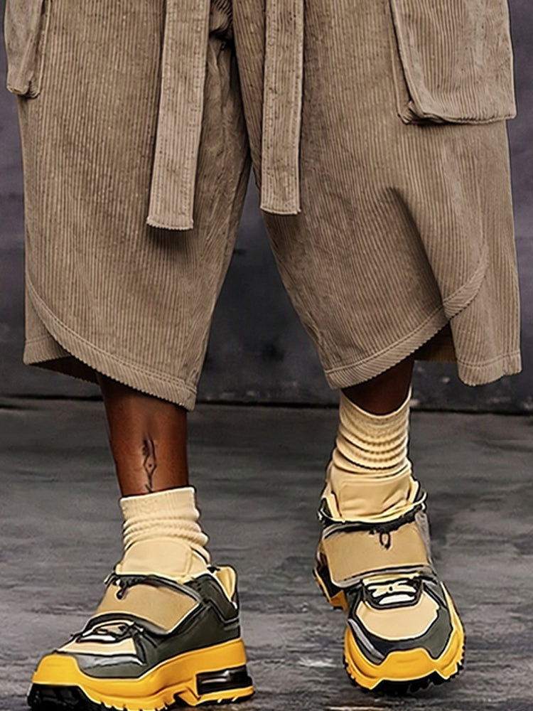 Casual Relaxed Fit Corduroy Cropped Cargo Pants - Khaki