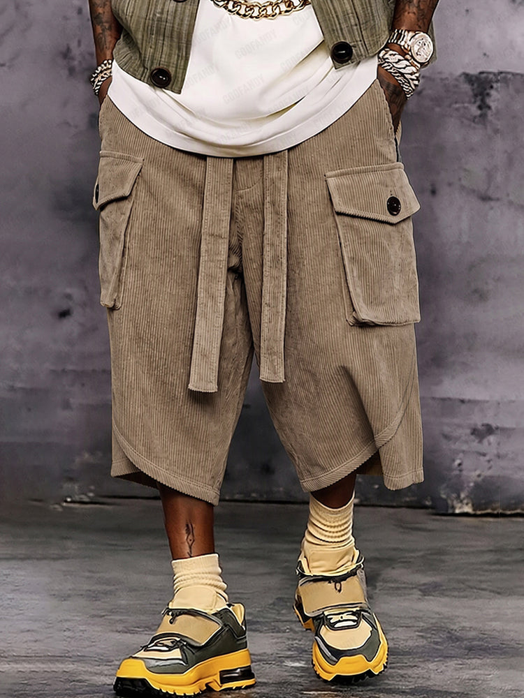Casual Relaxed Fit Corduroy Cropped Cargo Pants - Khaki