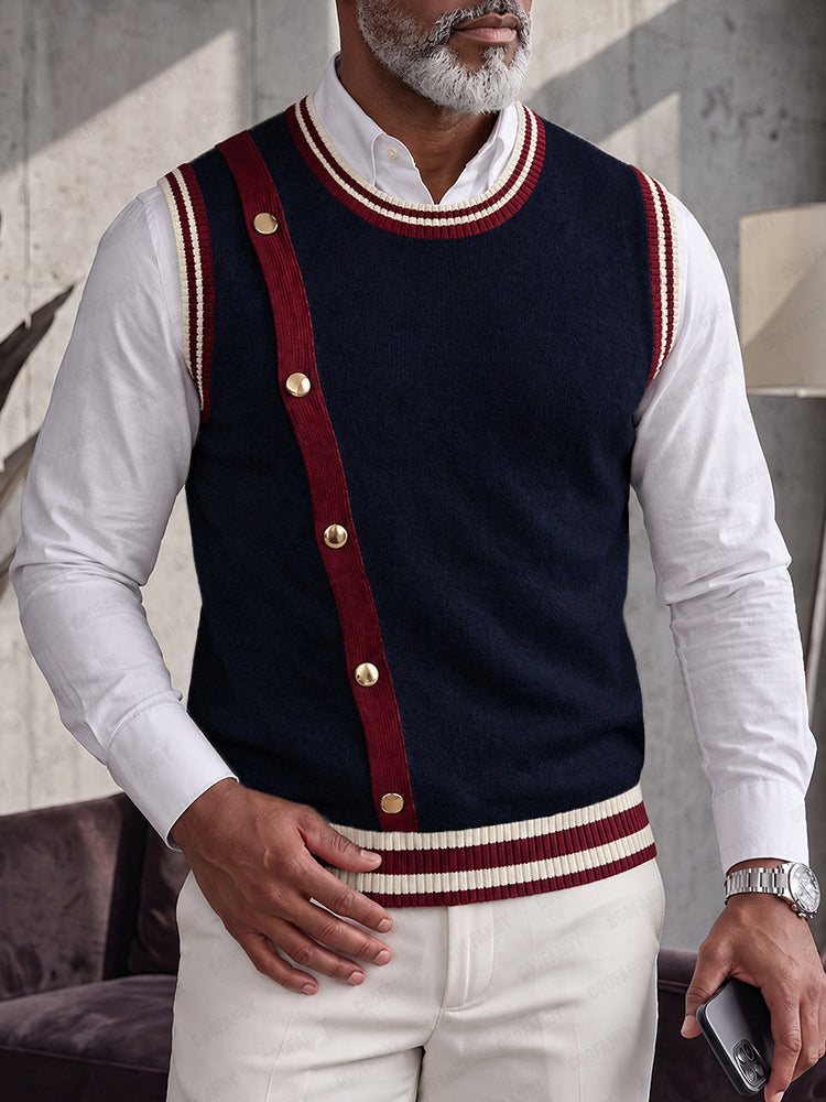Old Money Style Contrast Trim Knit Vest - Dark Blue