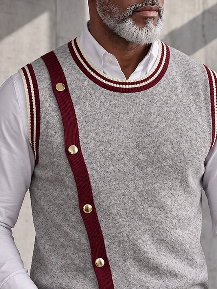 Old Money Style Contrast Trim Knit Vest - Gray