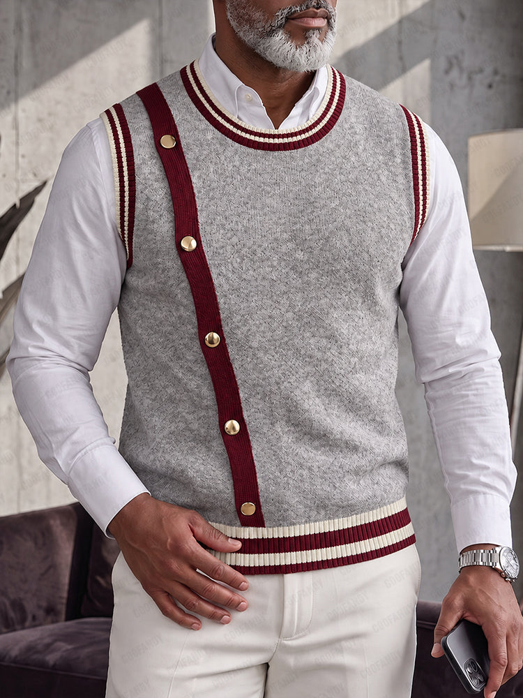 Old Money Style Contrast Trim Knit Vest - Gray