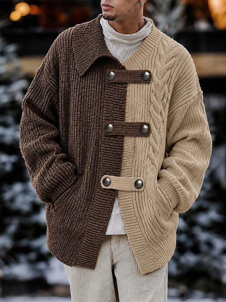 Streetwear Irregular Colorblock Knit Cardigan - Brown
