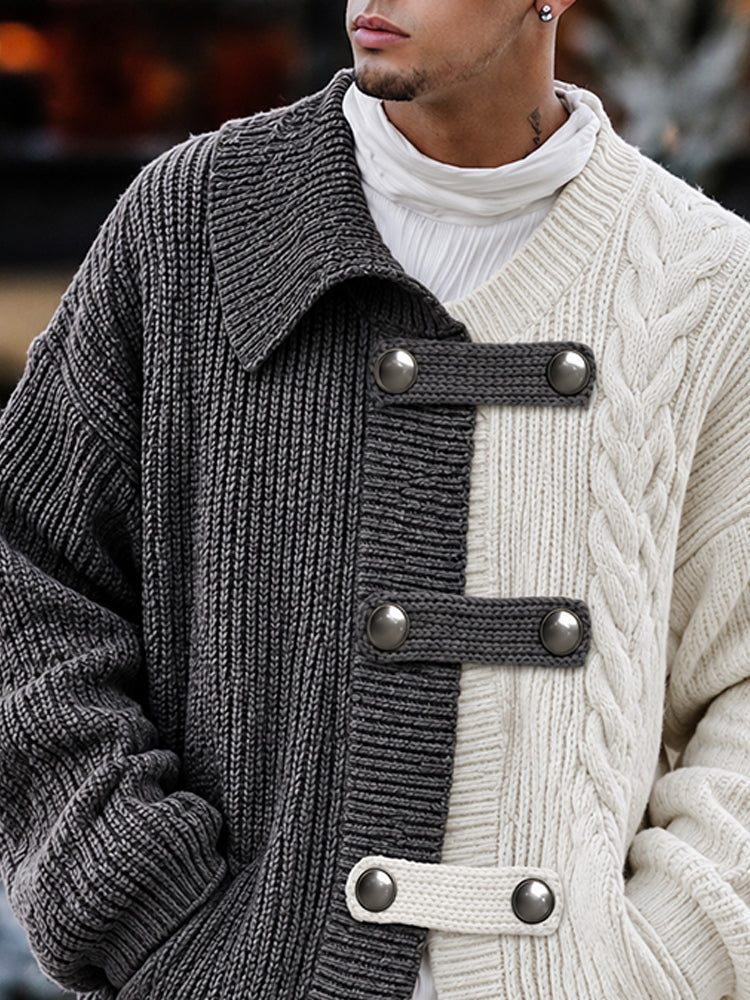Streetwear Irregular Colorblock Knit Cardigan - Gray