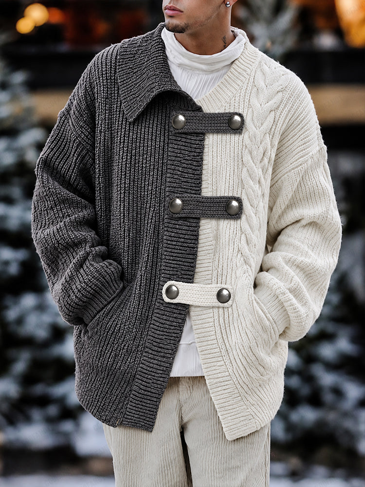 Streetwear Irregular Colorblock Knit Cardigan - Gray