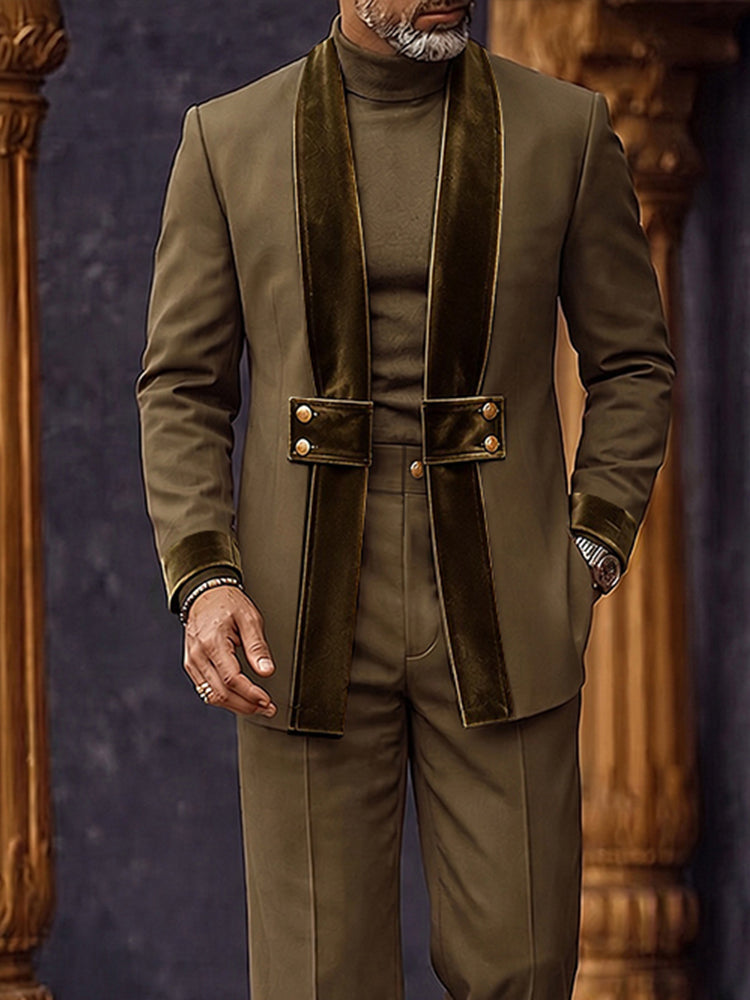 Smart Casual Velvet Patchwork Blazer Pants Set - Brown