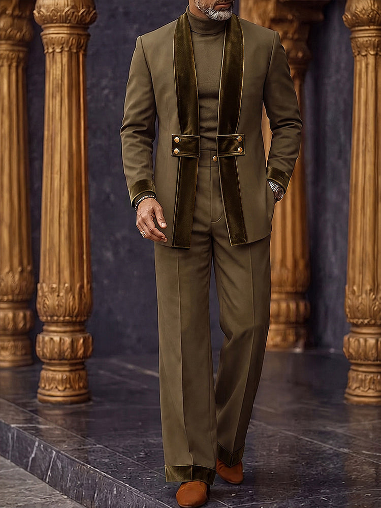 Smart Casual Velvet Patchwork Blazer Pants Set - Brown