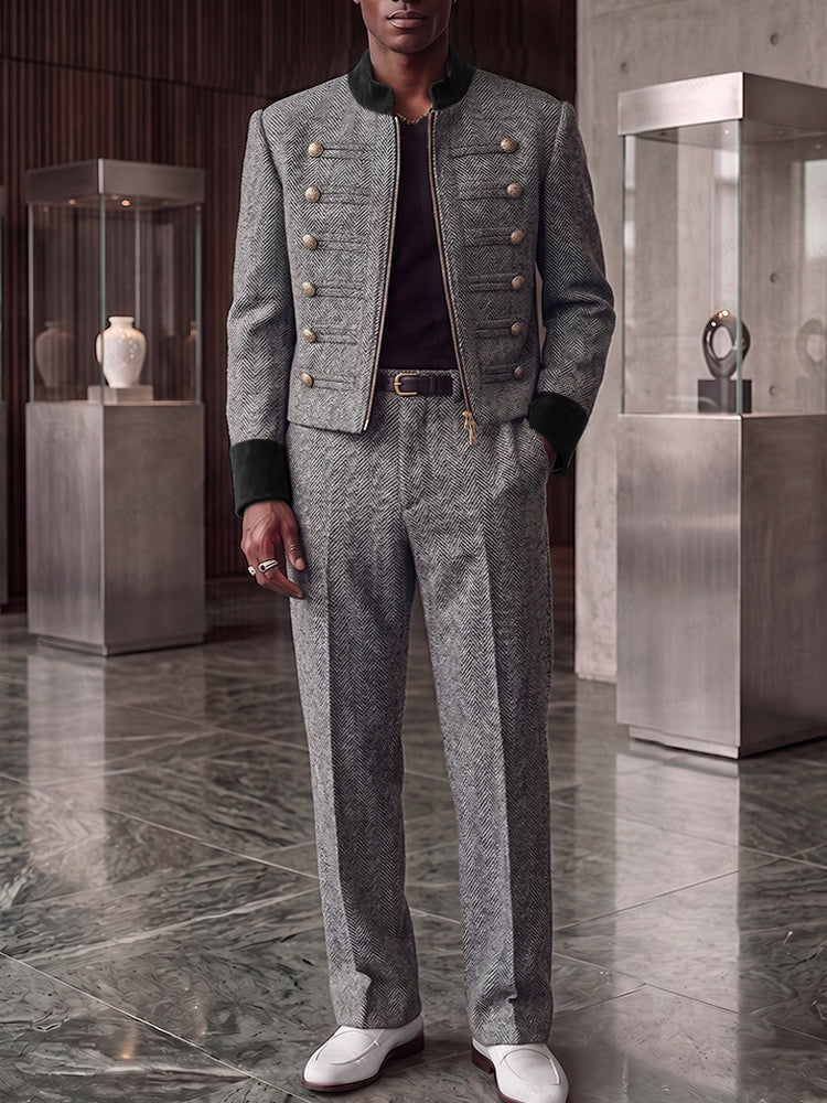 Retro Elegant Herringbone Zip Jacket Pants Set - Gray
