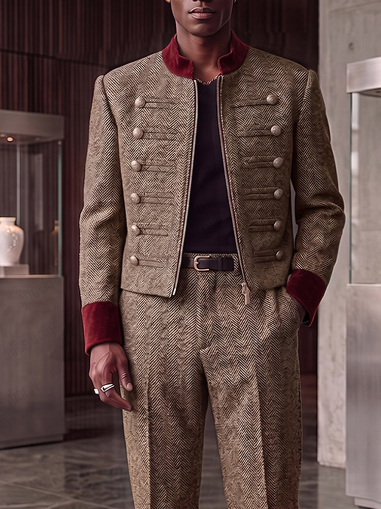 Retro Elegant Herringbone Zip Jacket Pants Set - Brown