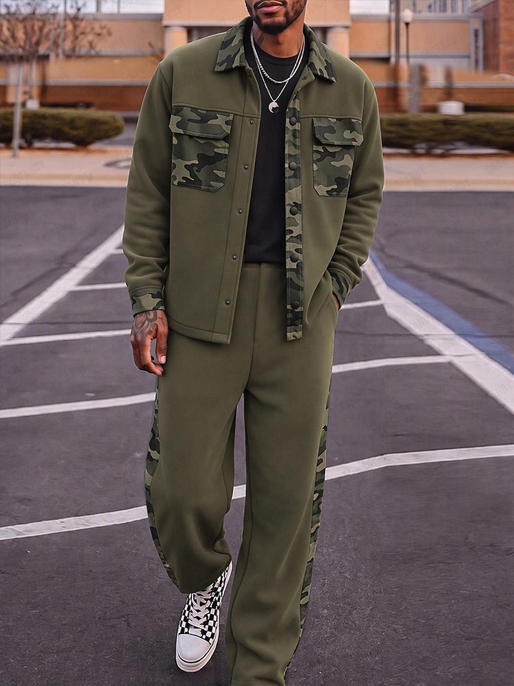 Utility Camo Patchwork Overshirt Pants Set - Army Green