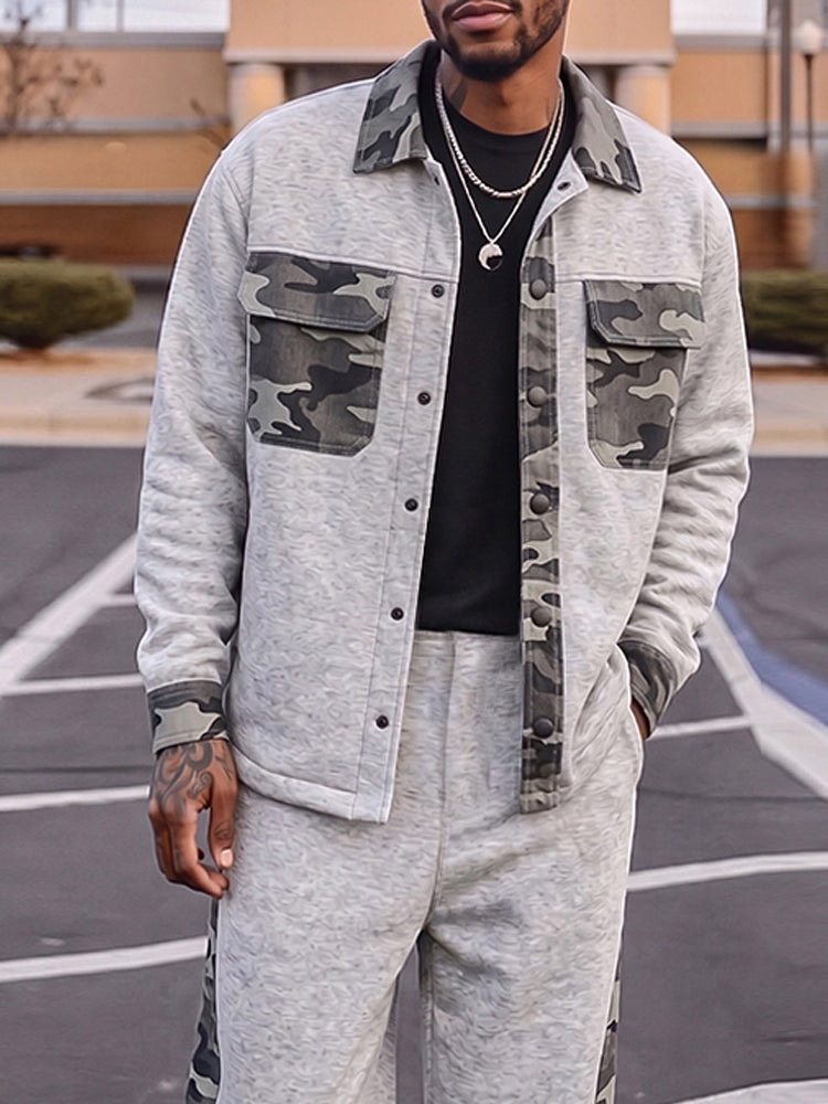 Utility Camo Patchwork Overshirt Pants Set - Gray
