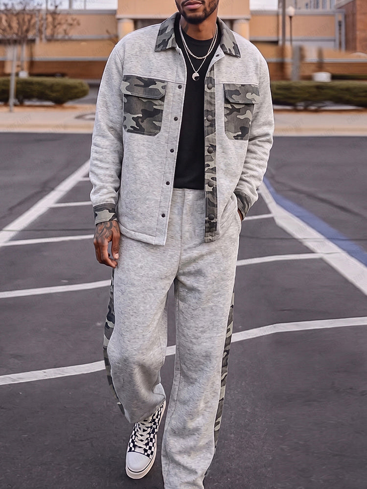 Utility Camo Patchwork Overshirt Pants Set - Gray