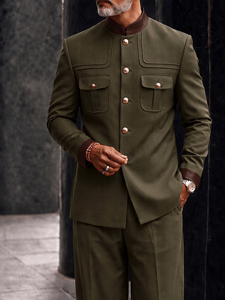 Urban Faux Leather Patchwork Safari Suit Set - Army Green