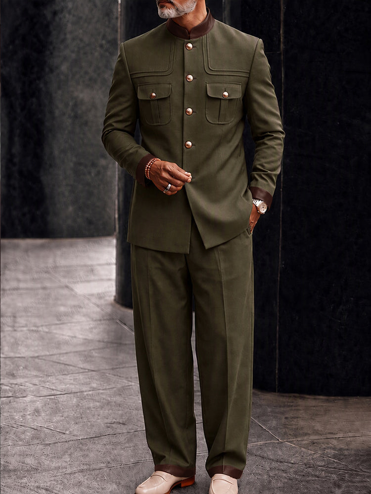 Urban Faux Leather Patchwork Safari Suit Set - Army Green