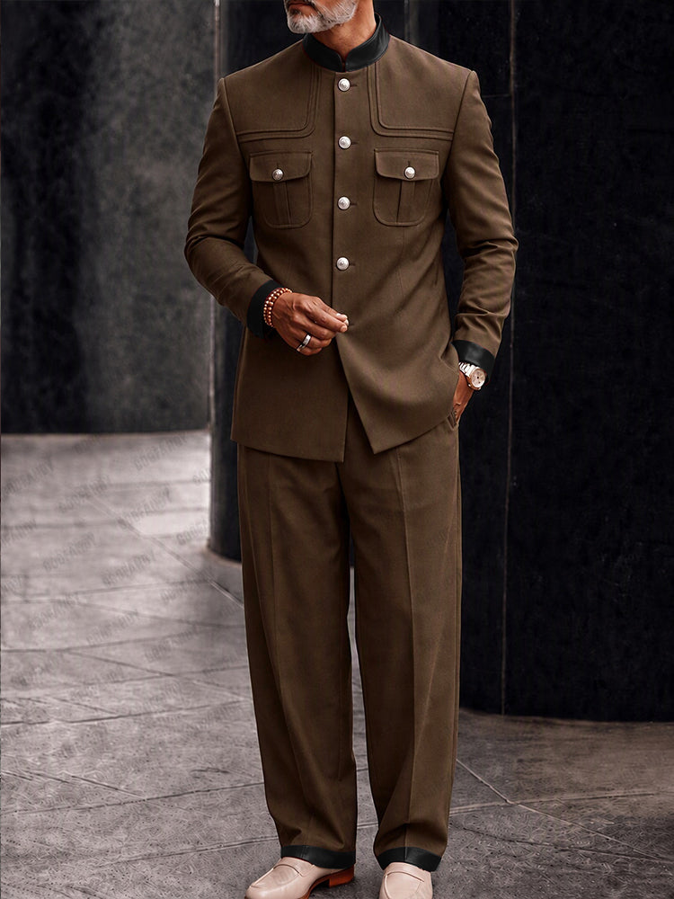 Urban Faux Leather Patchwork Safari Suit Set - Brown