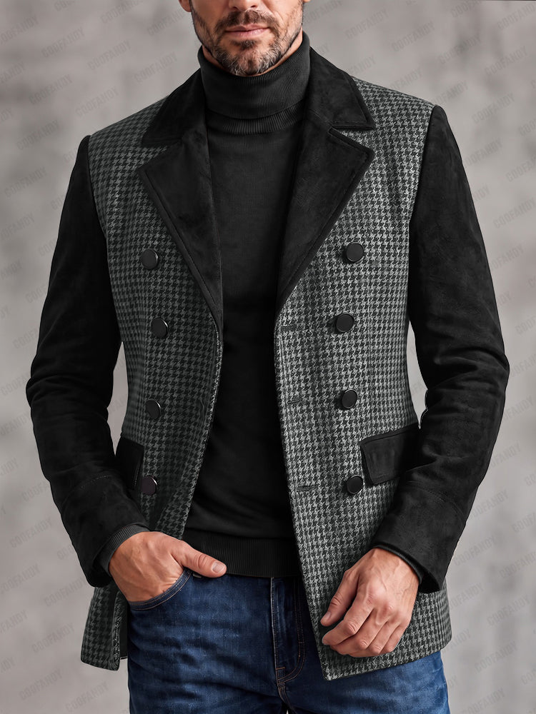 Smart Casual Suede Panels Houndstooth Blazer - Black