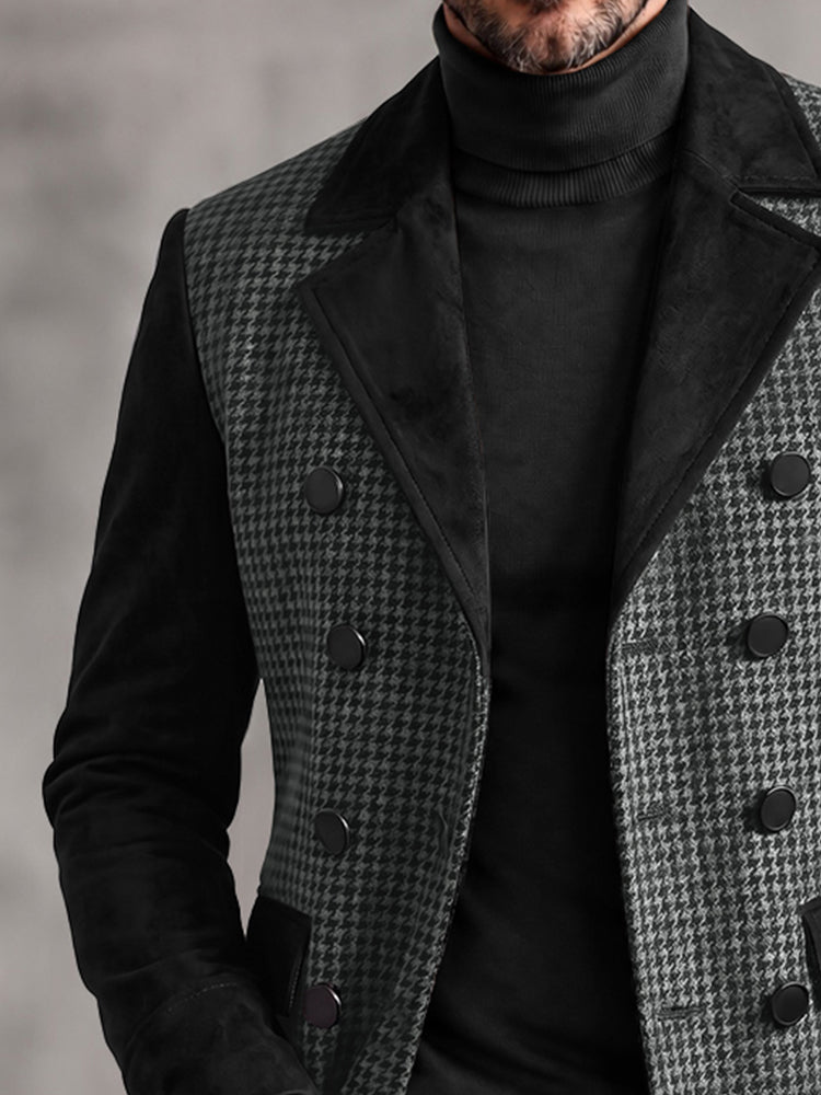 Smart Casual Suede Panels Houndstooth Blazer - Black