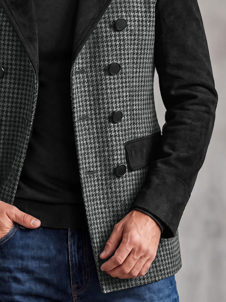 Smart Casual Suede Panels Houndstooth Blazer - Black