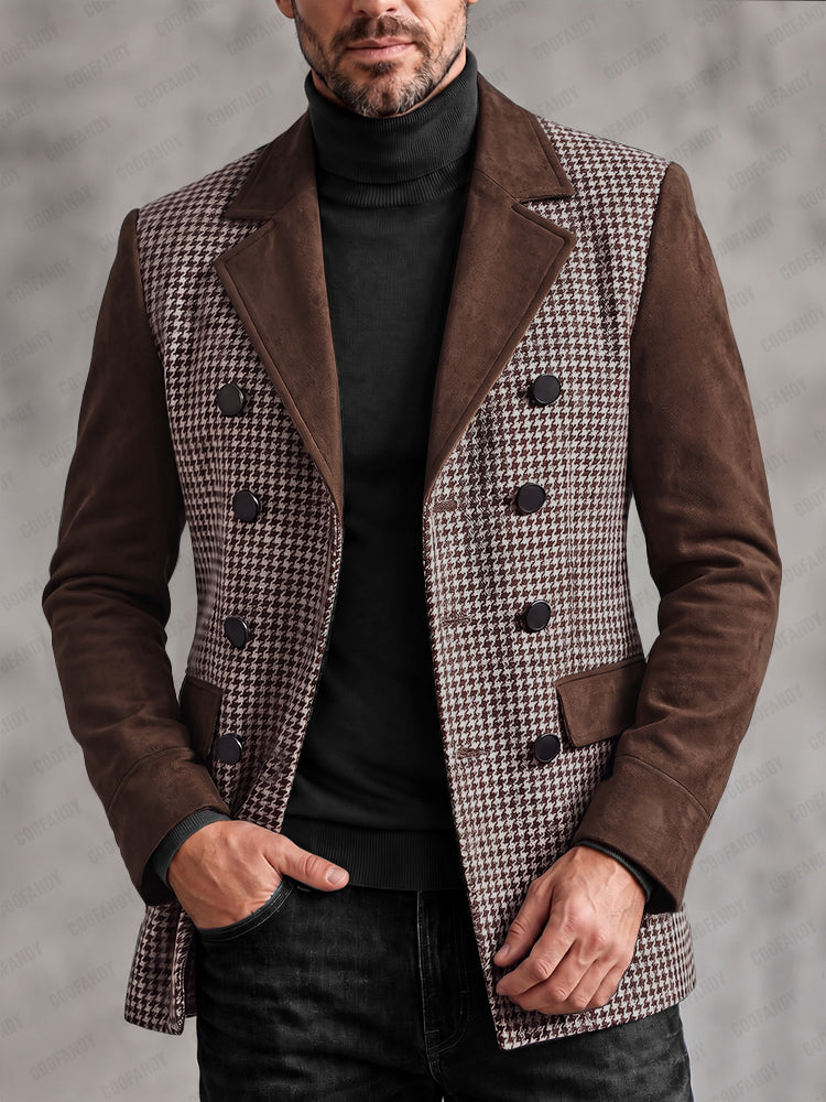 Smart Casual Suede Panels Houndstooth Blazer - Brown
