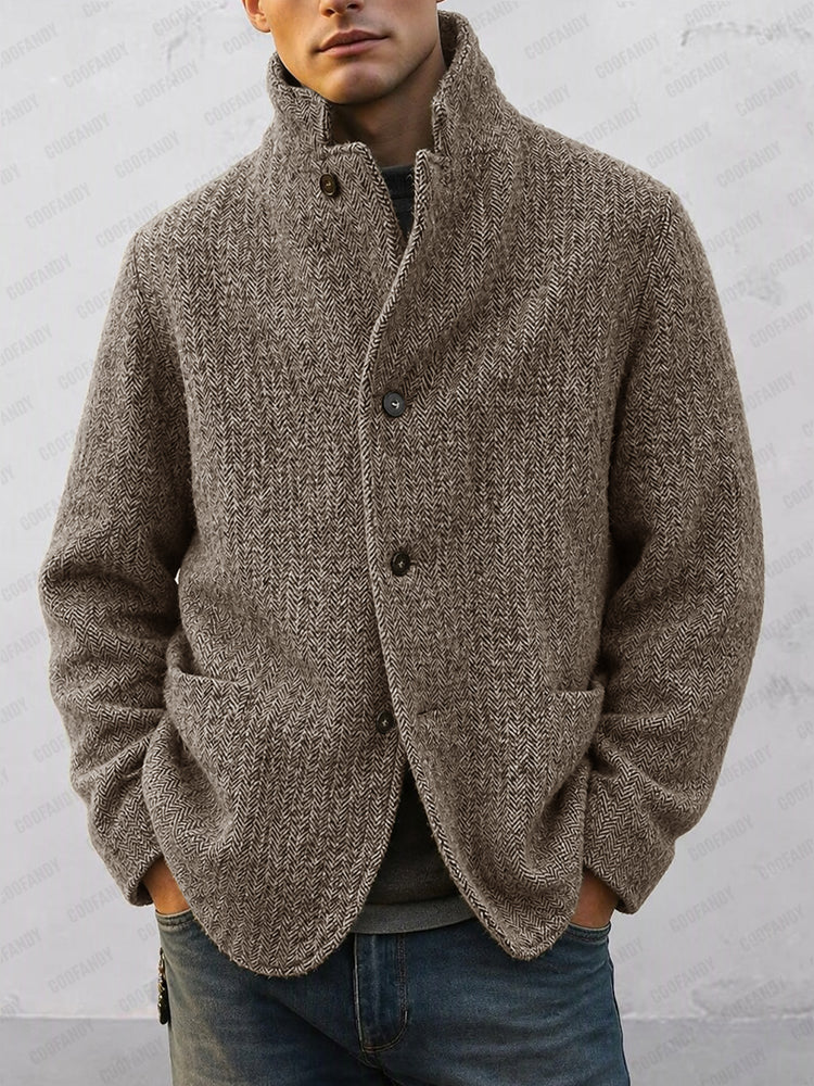 Timeless Herringbone Stand Collar Lined Jacket - Brown