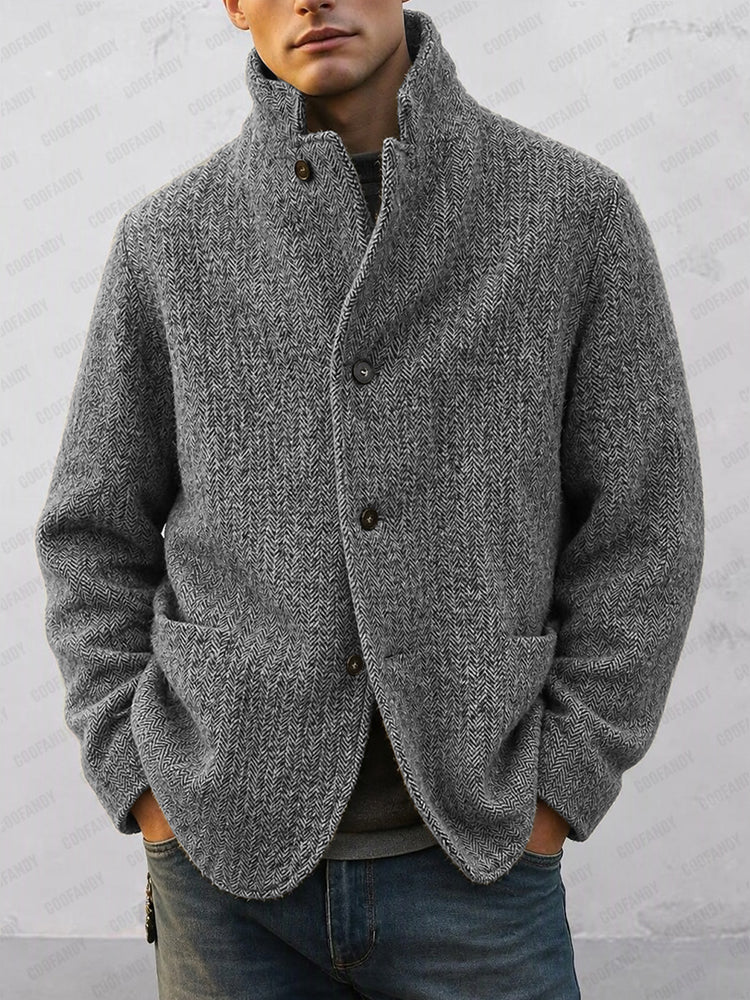 Timeless Herringbone Stand Collar Lined Jacket - Gray