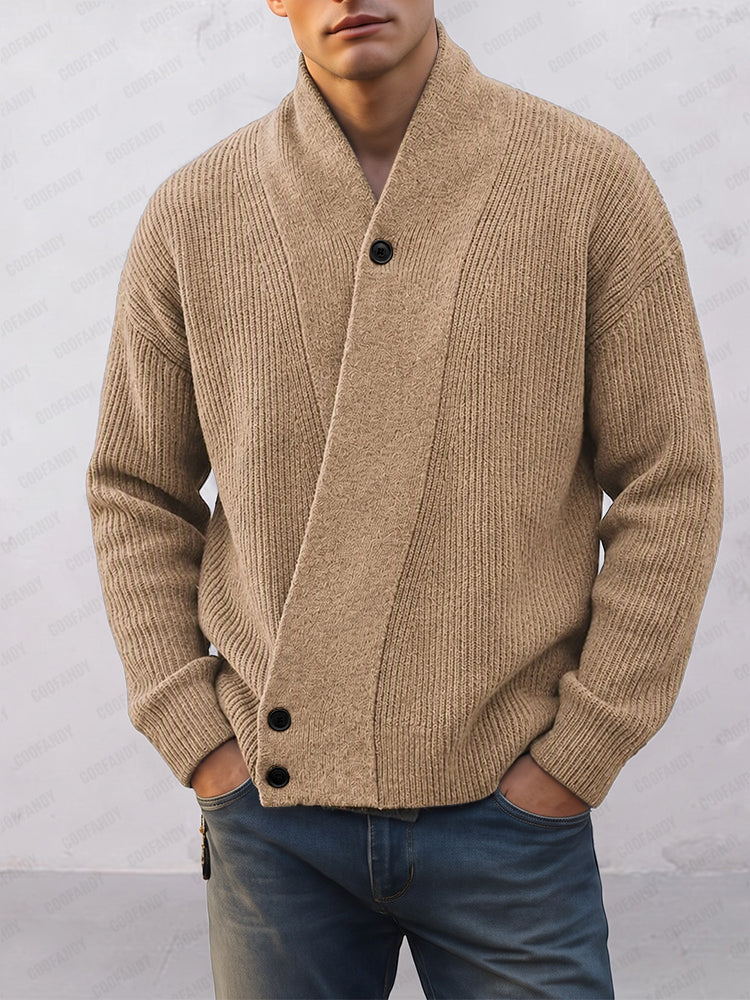 Casual Diagonal Button Placket Knit Cardigan - Khaki