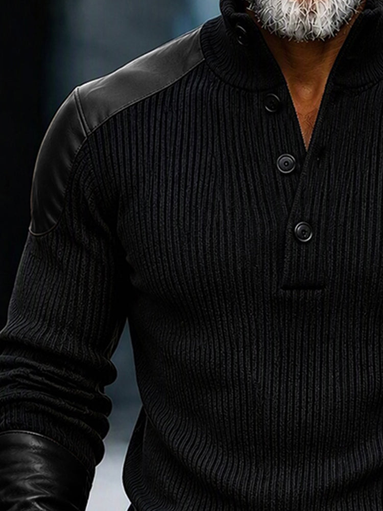 Stylish Faux Leather Panel Knit Pullover Top - Black