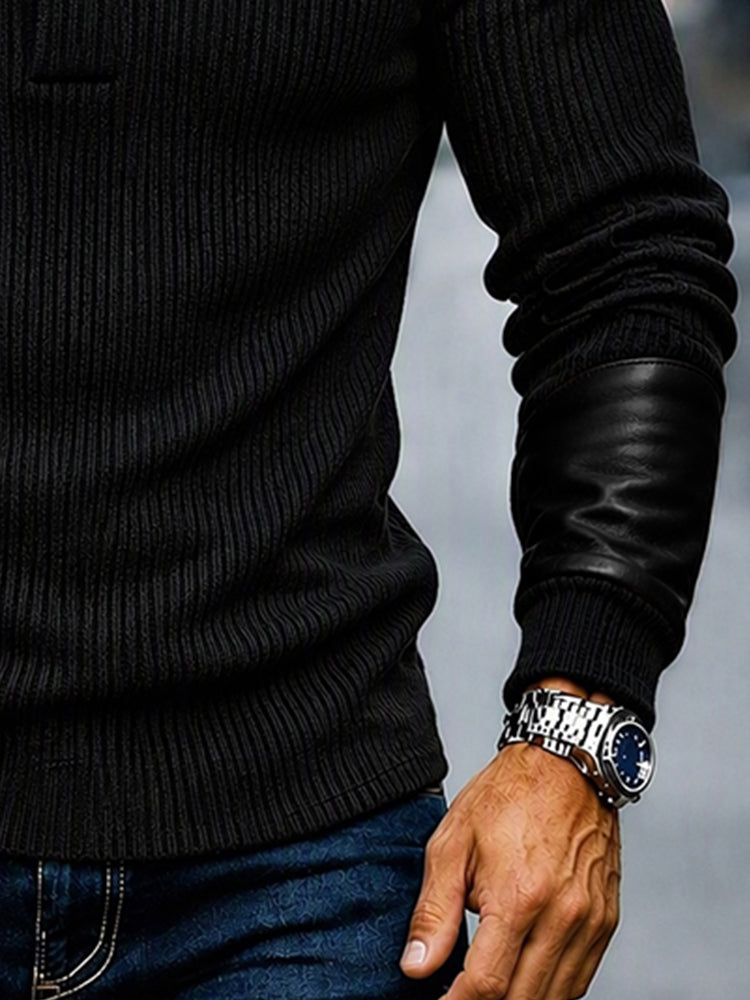 Stylish Faux Leather Panel Knit Pullover Top - Black