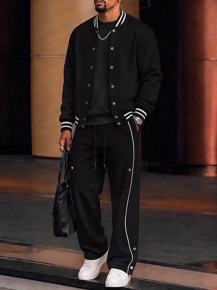 Athletic Fleece Baseball Collar Two Piece Tracksuit - Black
