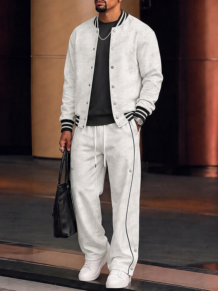 Athletic Fleece Baseball Collar Two Piece Tracksuit - White