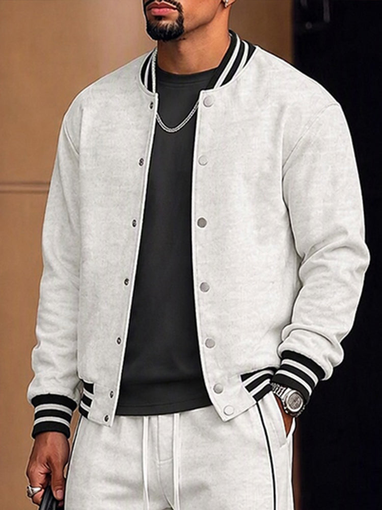 Athletic Fleece Baseball Collar Two Piece Tracksuit - White
